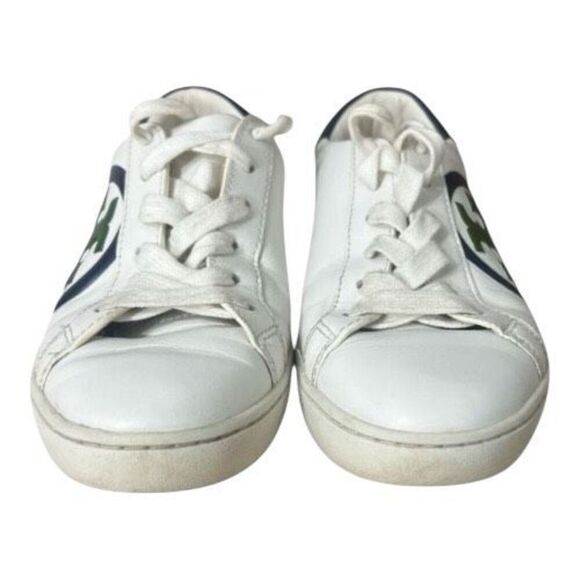 Tory Burch Leigh Green Blue T Logo Women Sneakers Size 5.5M White Leather Upper - Picture 3 of 11